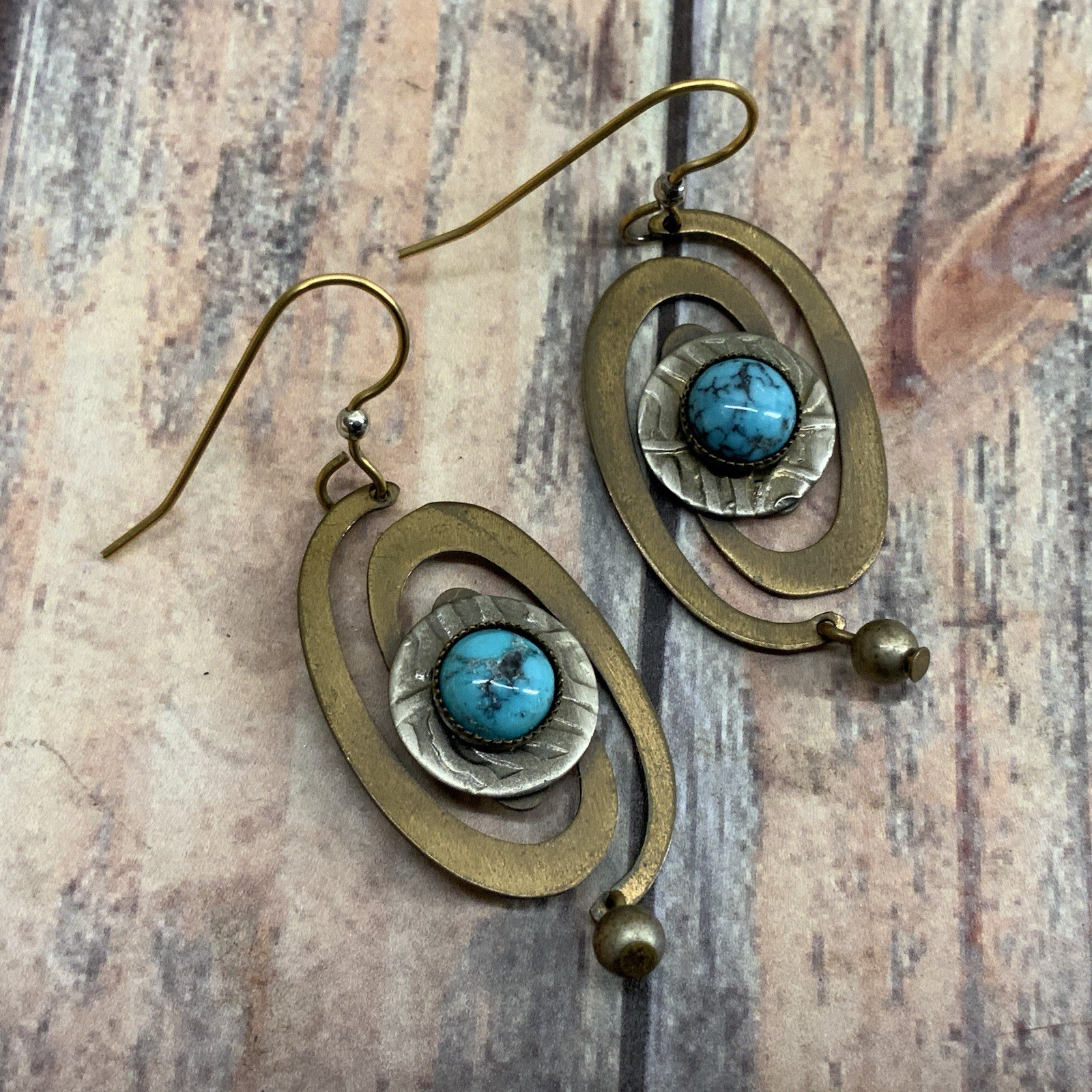 Artisan brass spiral faux turquoise cabochon boho earrings