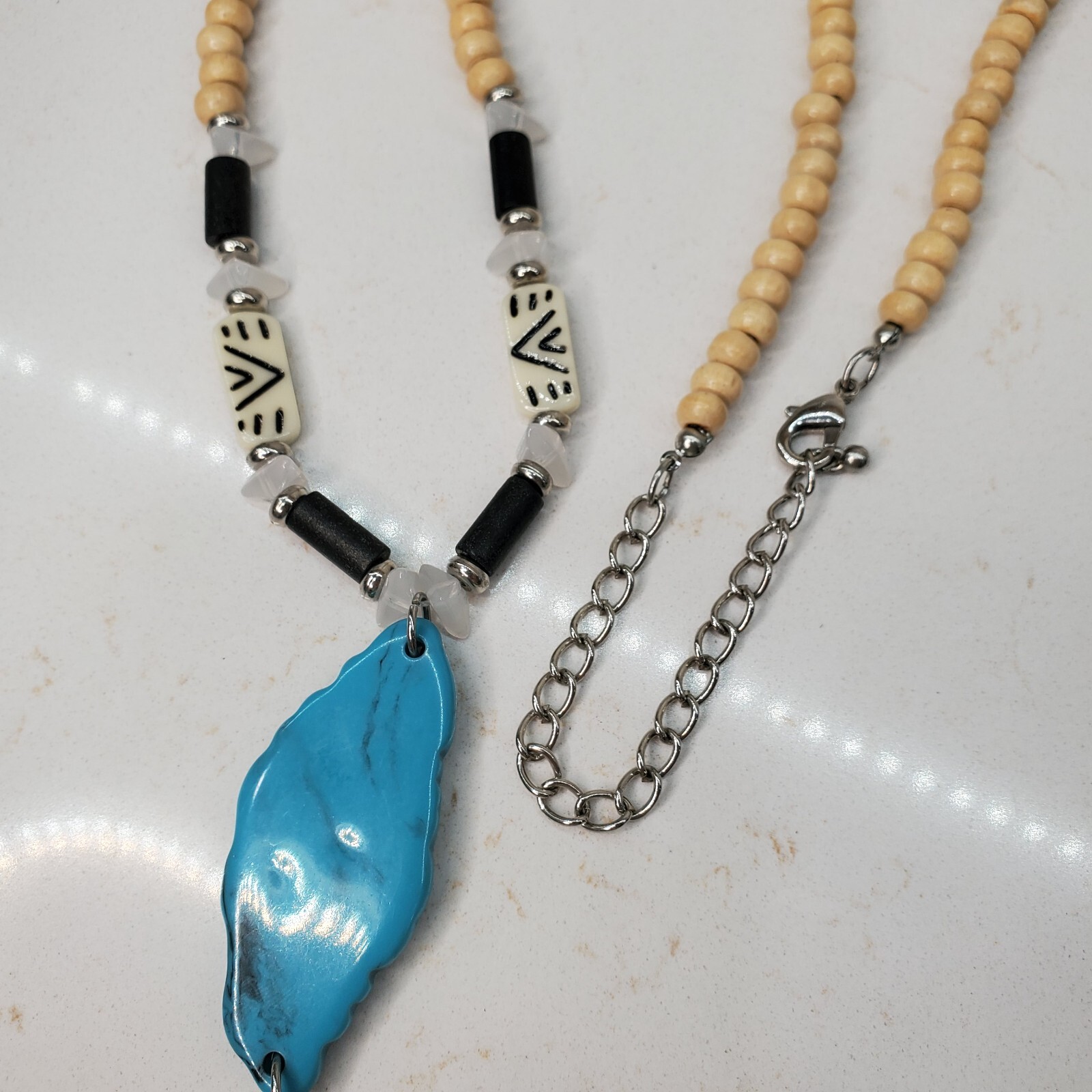 6 Beaded Tassel Necklaces – Wood & Faux Turquoise & Bone & Shell Multicolor Long