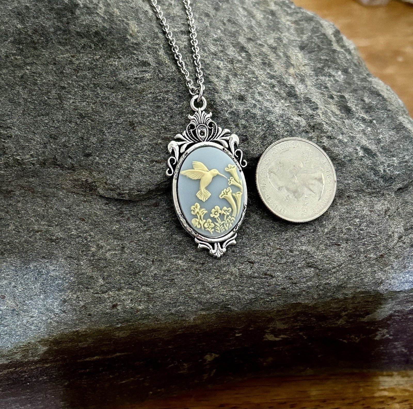 Hummingbird Necklace Pendant, Wedgwood Blue colored Cameo, Art Nouveau Style