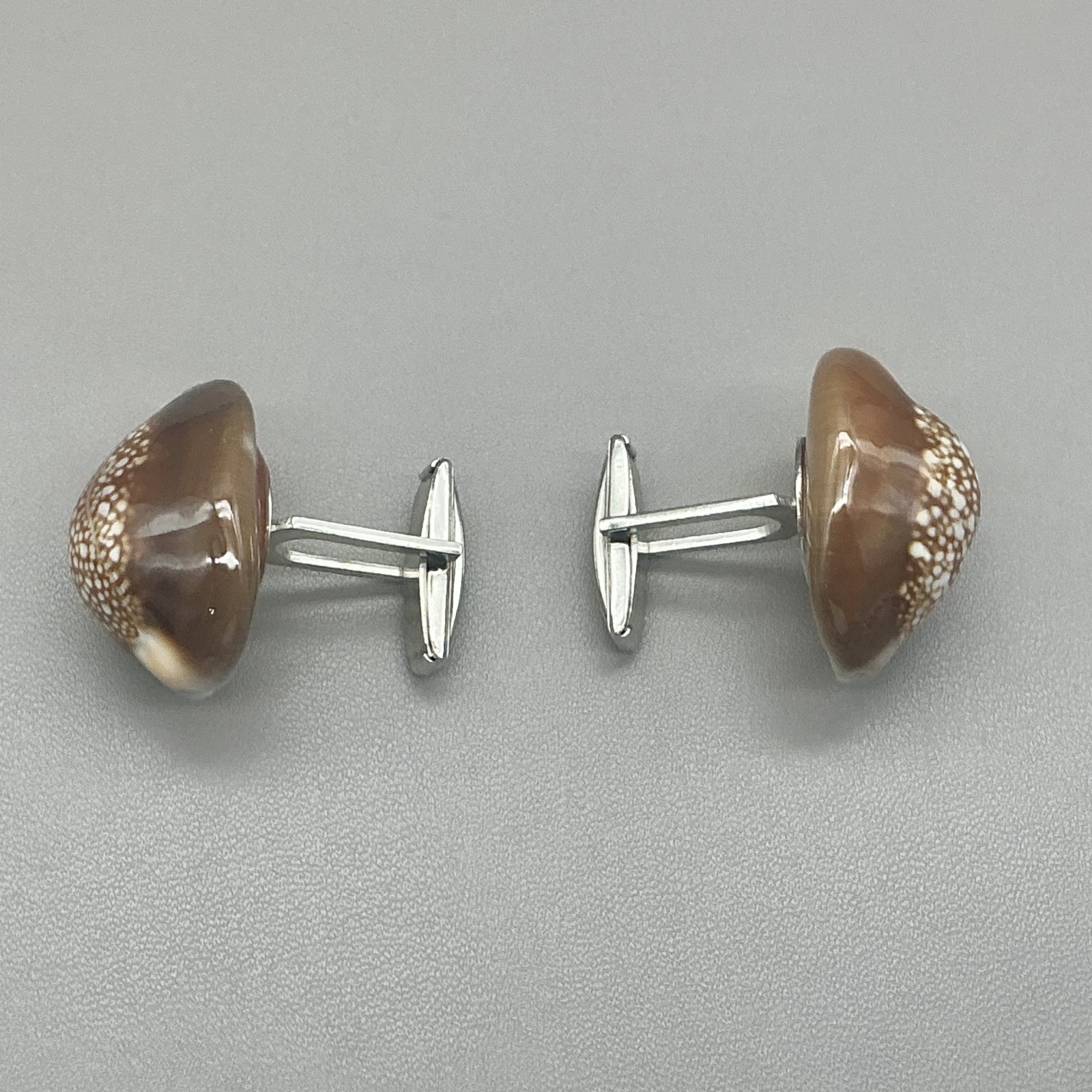 Cowrie Shell Cufflinks Men’s Natural Seashell Brown White Silver Tone Coastal