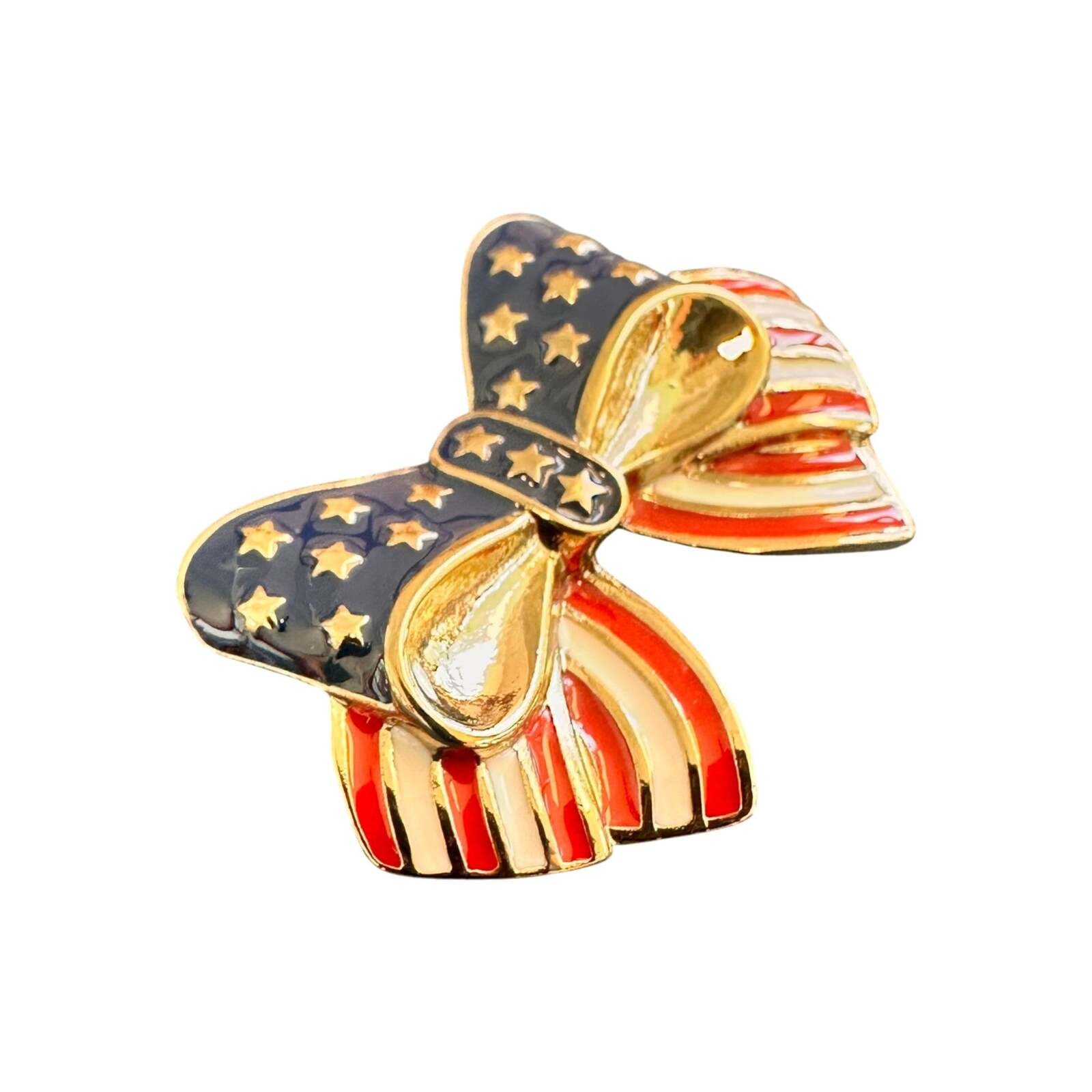 Vintage Stars and Stripes Bow Brooch Gold Tone Enamel Patriotic Flag Jewelry