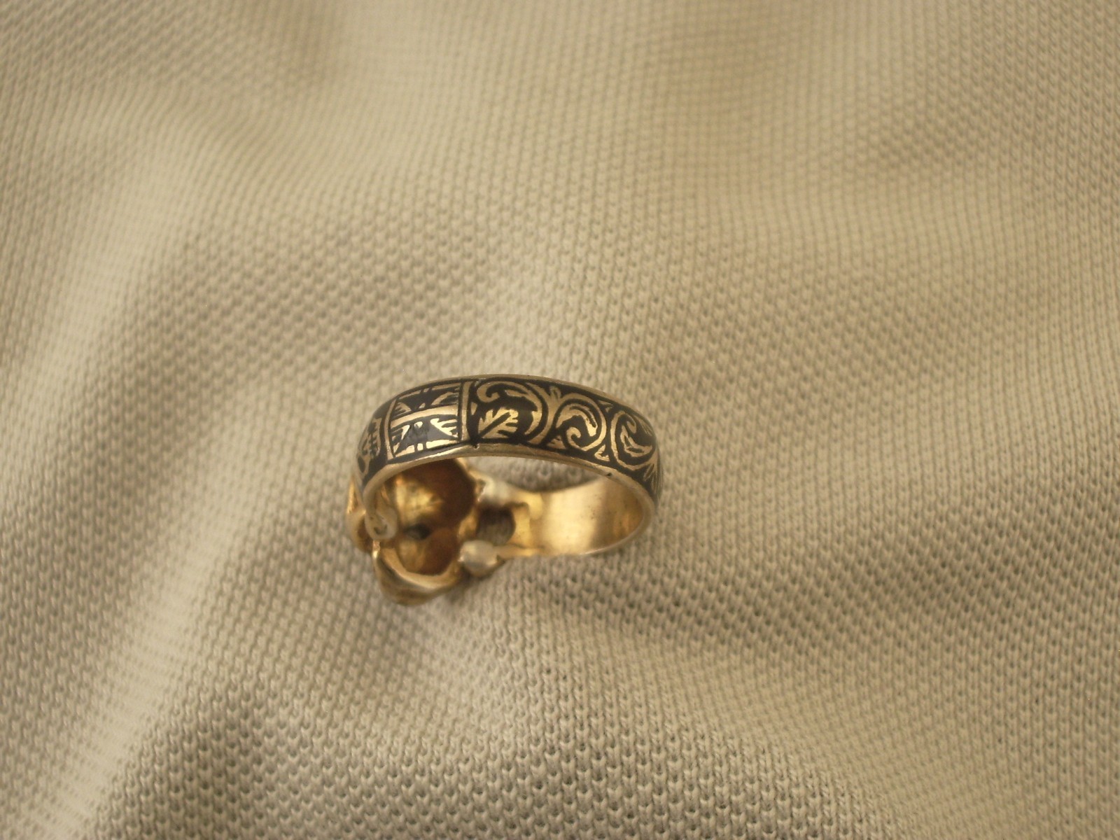 Antique Vtg Gold plated silver enamel diamond masonic memento mori ring Sz7.5