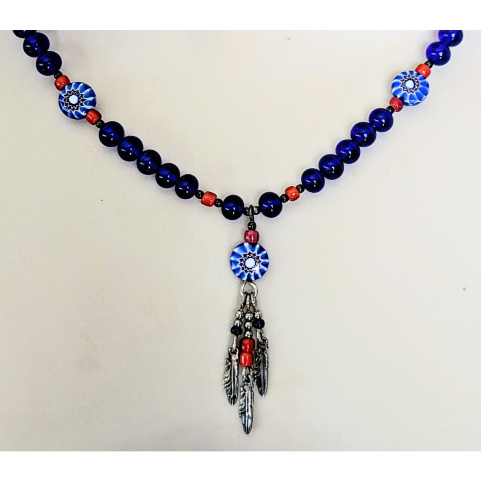 N.A. Style Sterling Silver Cobalt Blue Beaded Feather Pendant Necklace 23.5″