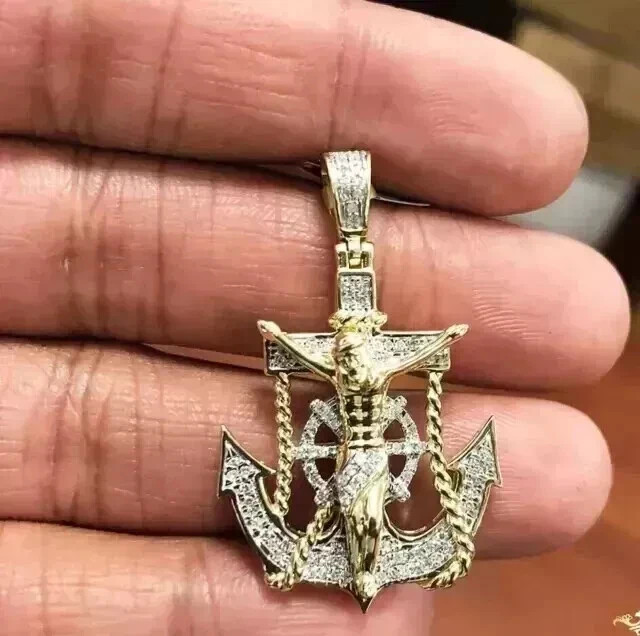 14K Yellow Gold Plated 3.Ct Round Moissanite Jesus Cross Mariner Anchor Pendant