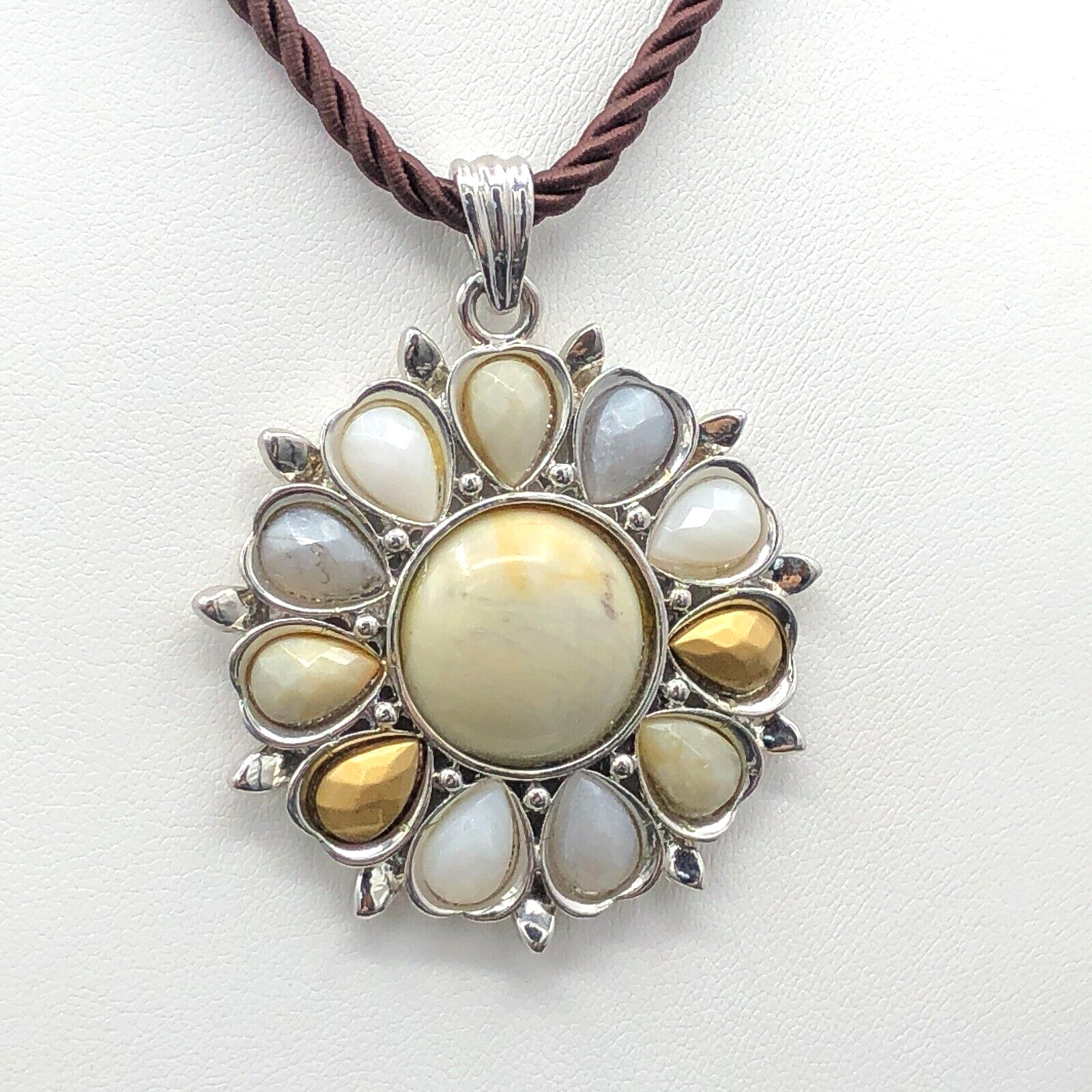 Cookie Lee Necklace Neutral Glass Stones Flower Pendant Brown Satin Cable Choker