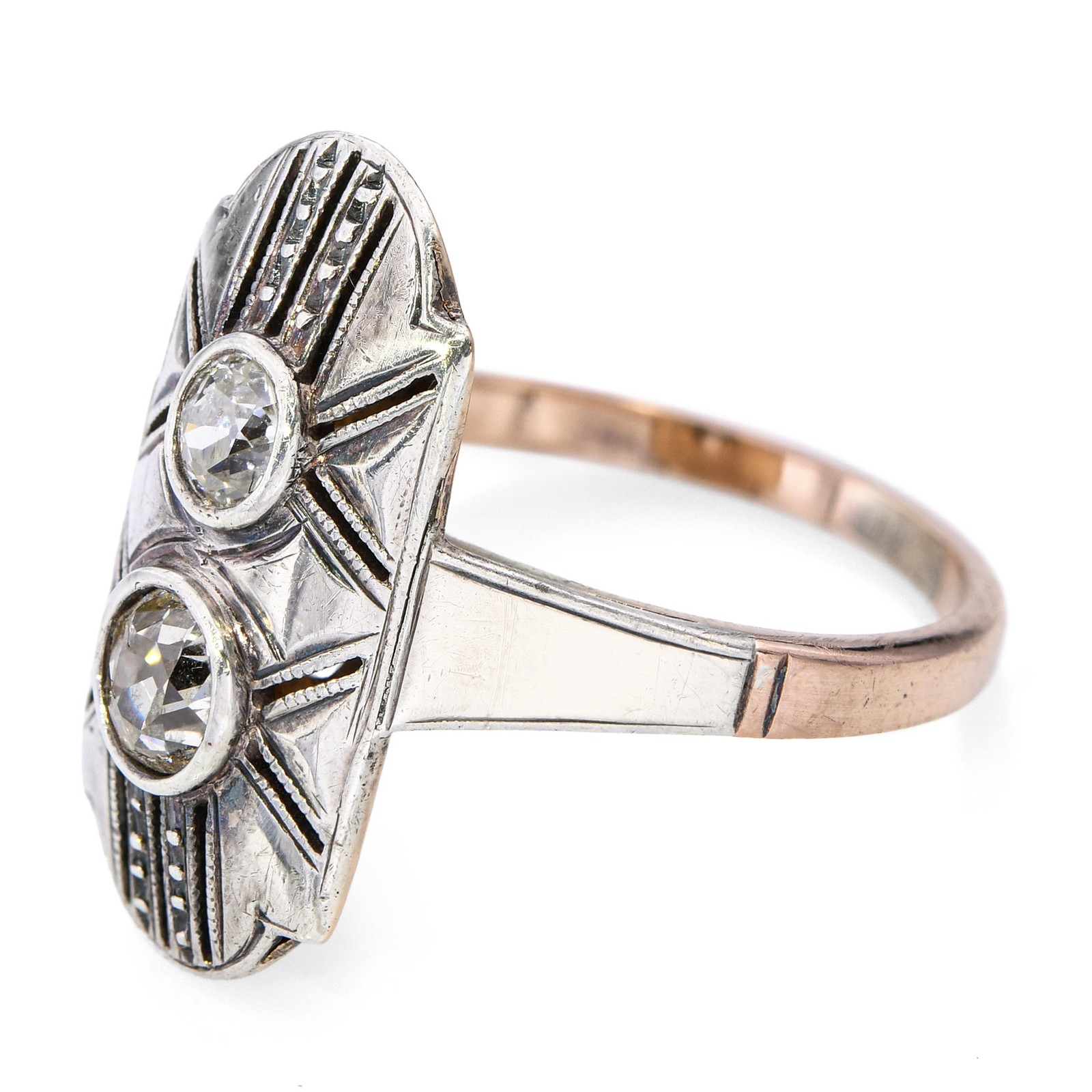Antique Yellow Gold and Silver Top Old Mine Cut Diamond Dinner Ring