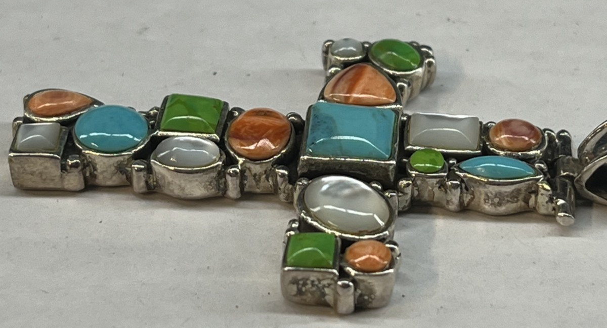 925 Sterling Silver Multi Colored Stones Cluster Cross Pendant Large 2.75″