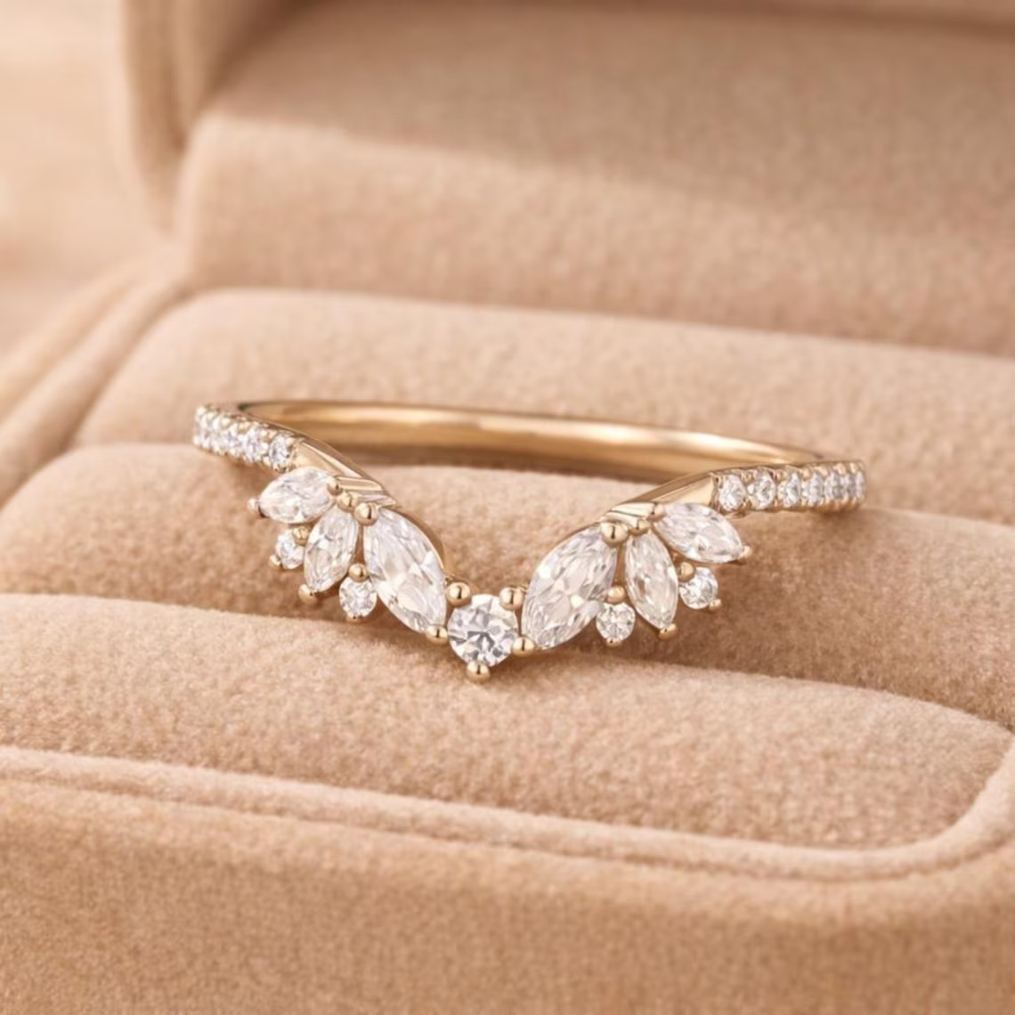 V Shape Curved Women’s Stacking Band Ring VVSI/D Diamond 14K Yellow Gold Plated