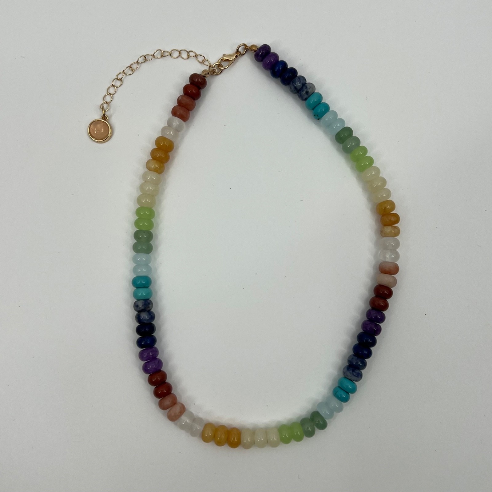 Rainbow rondelle bead necklace with gold lobster clasp and extender