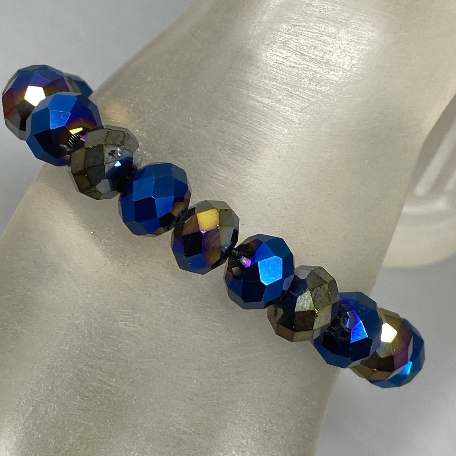 Blue Brown Metallic Bead Bracelet Stretch Faceted Glass Coated Iridescent 6.75″