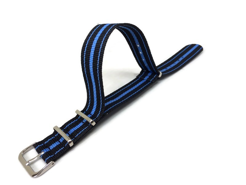 Military N.A.T.O Watch Strap Black and Blue Nylon, Size 18mm to 22mm
