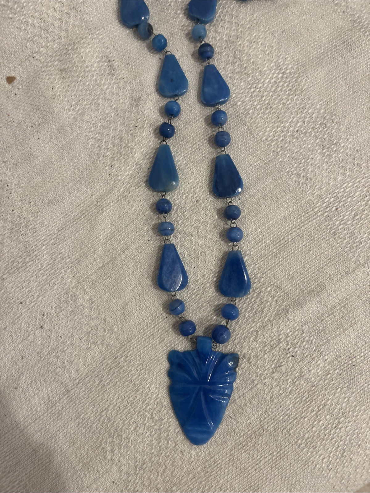 Vintage Aztec Mayan Blue Agate Carved Gemstone Face Mask Pendant Necklace