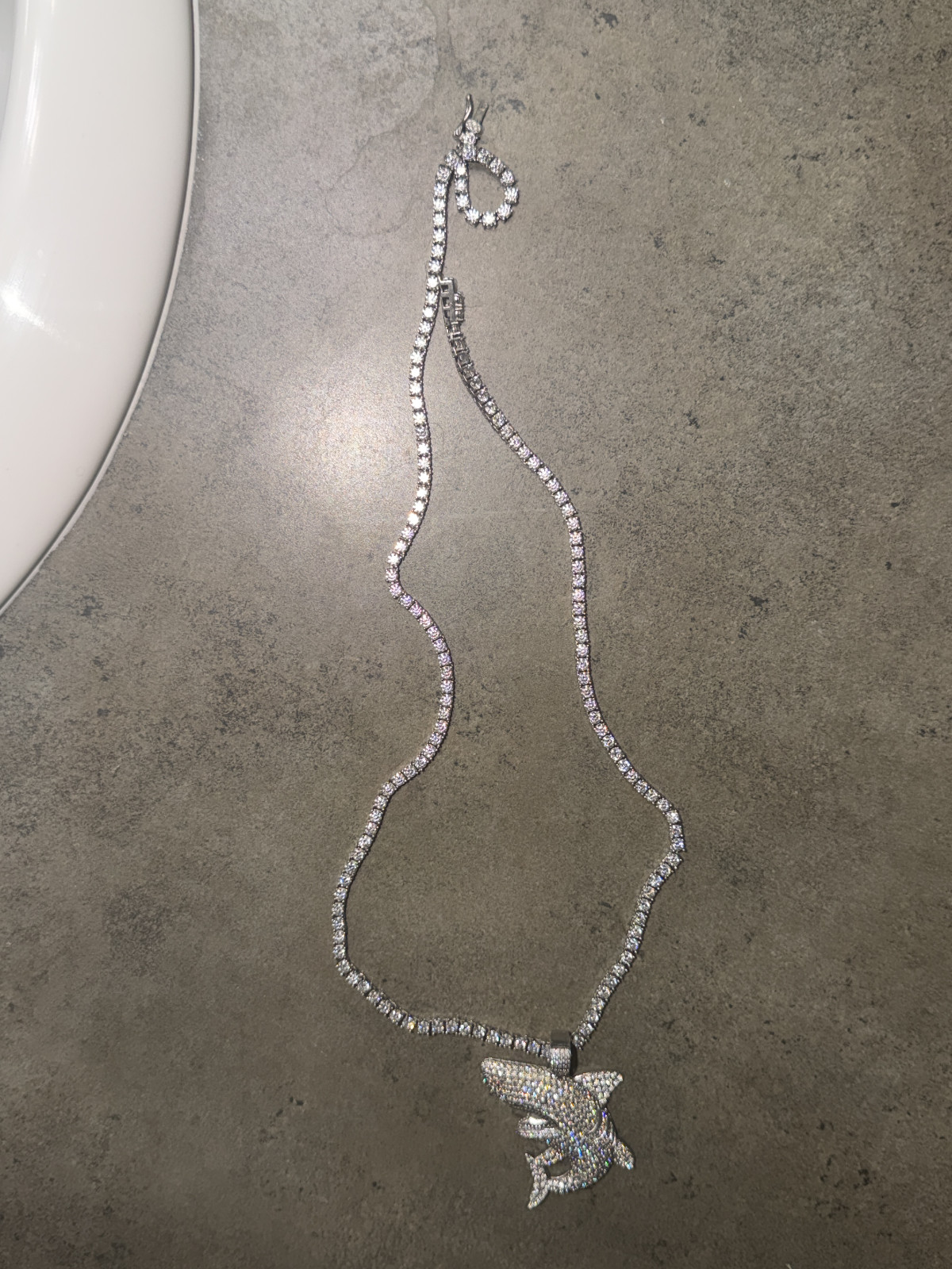 white gold moissanite tennis chain and shark pendant