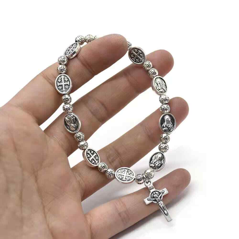 925 Sterling Silver Christian Jesus Cross Virgin Mary Catholic Crucifix Bracelet