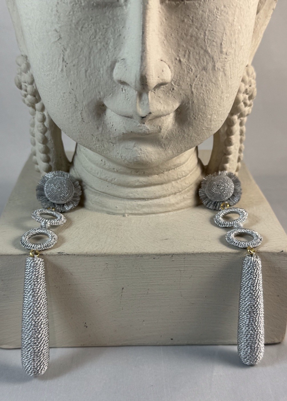 LEYLA GANS Amelie Wrapped Cord Drop Earrings ~ Metallic Silvertone cord~ Pierced