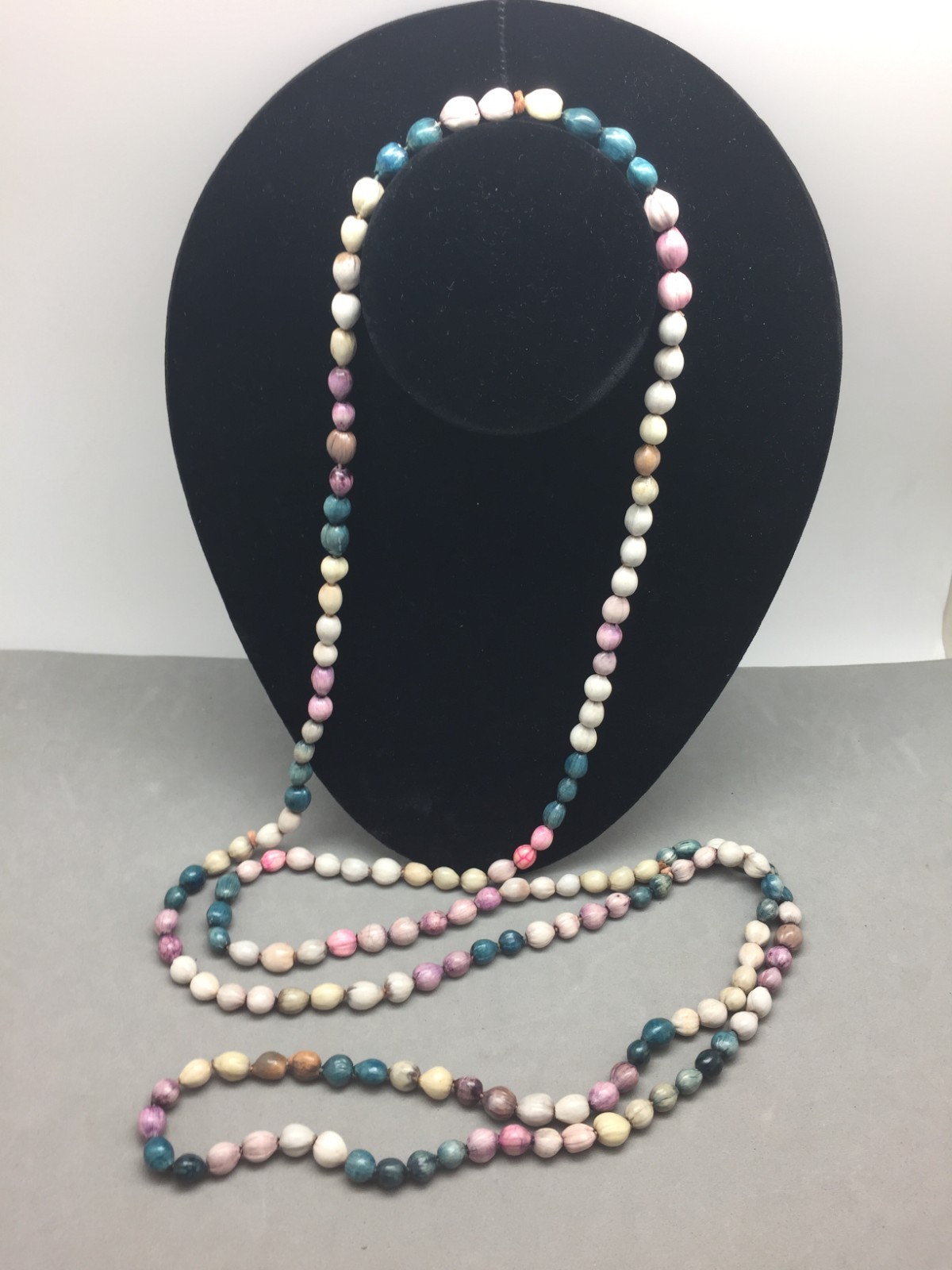 Vintage Multicolor Dyed Job’s Tears Seeds Beaded Necklace 67″ Continuous Wrap