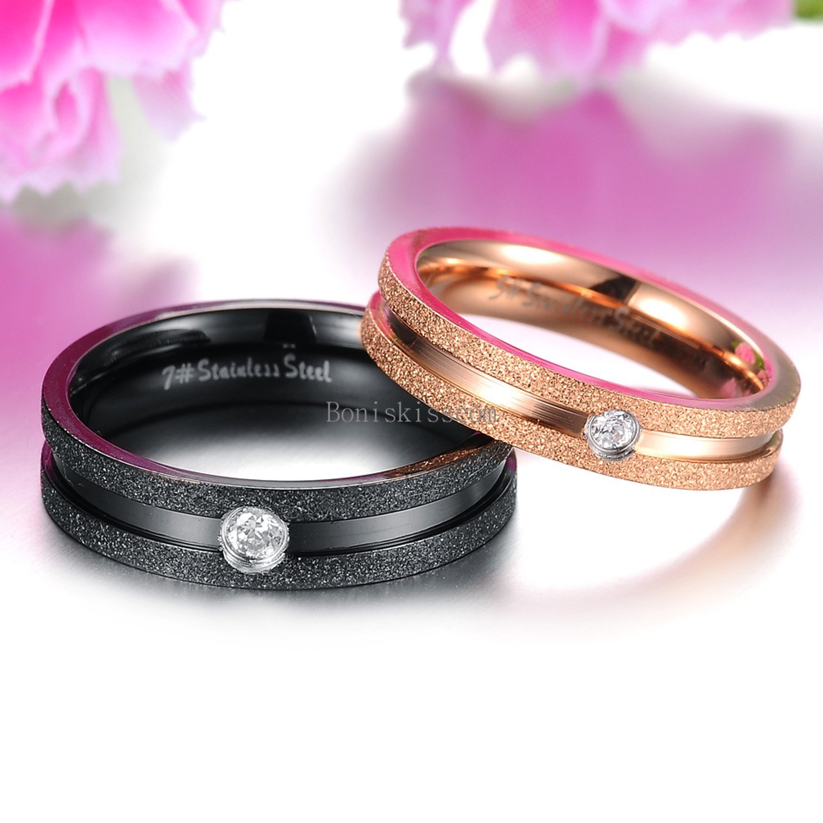 Dull Frosted Mens Black Ladies Gold Stainless Steel Couples Engagement Ring