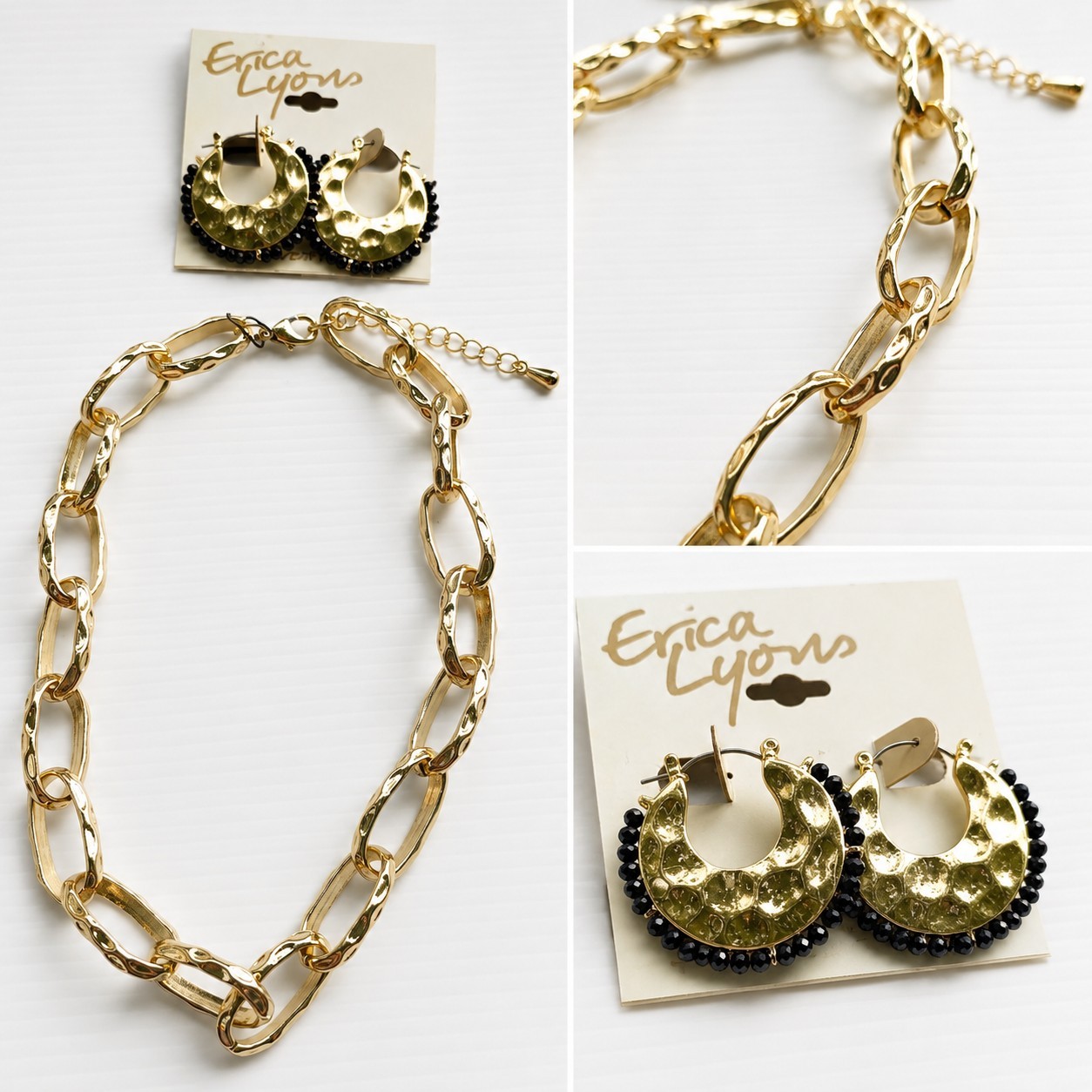 Erica Lyons Gold Tone Statement Necklace & Black Beaded Hoop Earrings Set