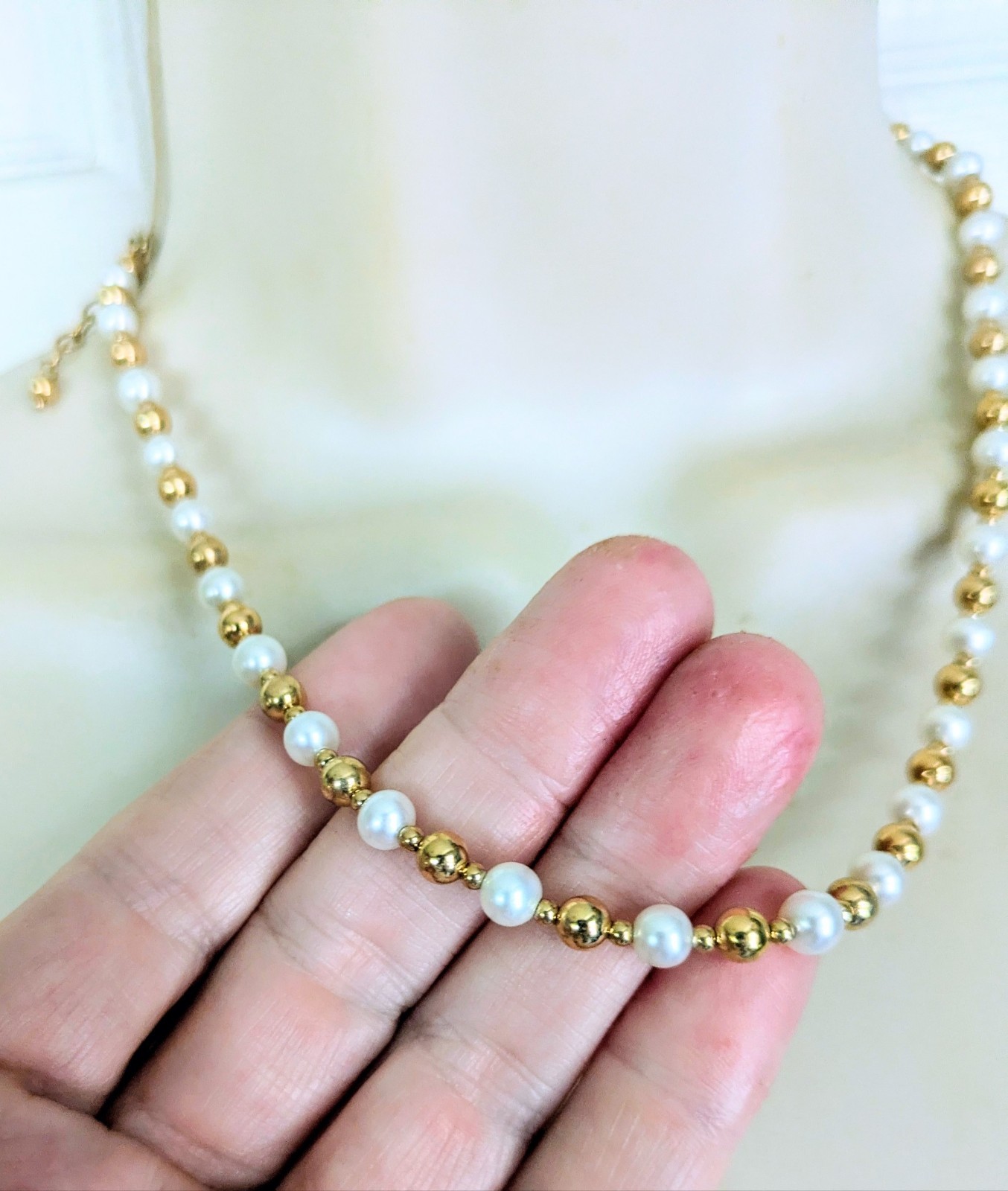 14K Solid Yellow Gold – ETERNAGOLD BEAD BALL & PEARL ADJUSTABLE NECKLACE NWOT