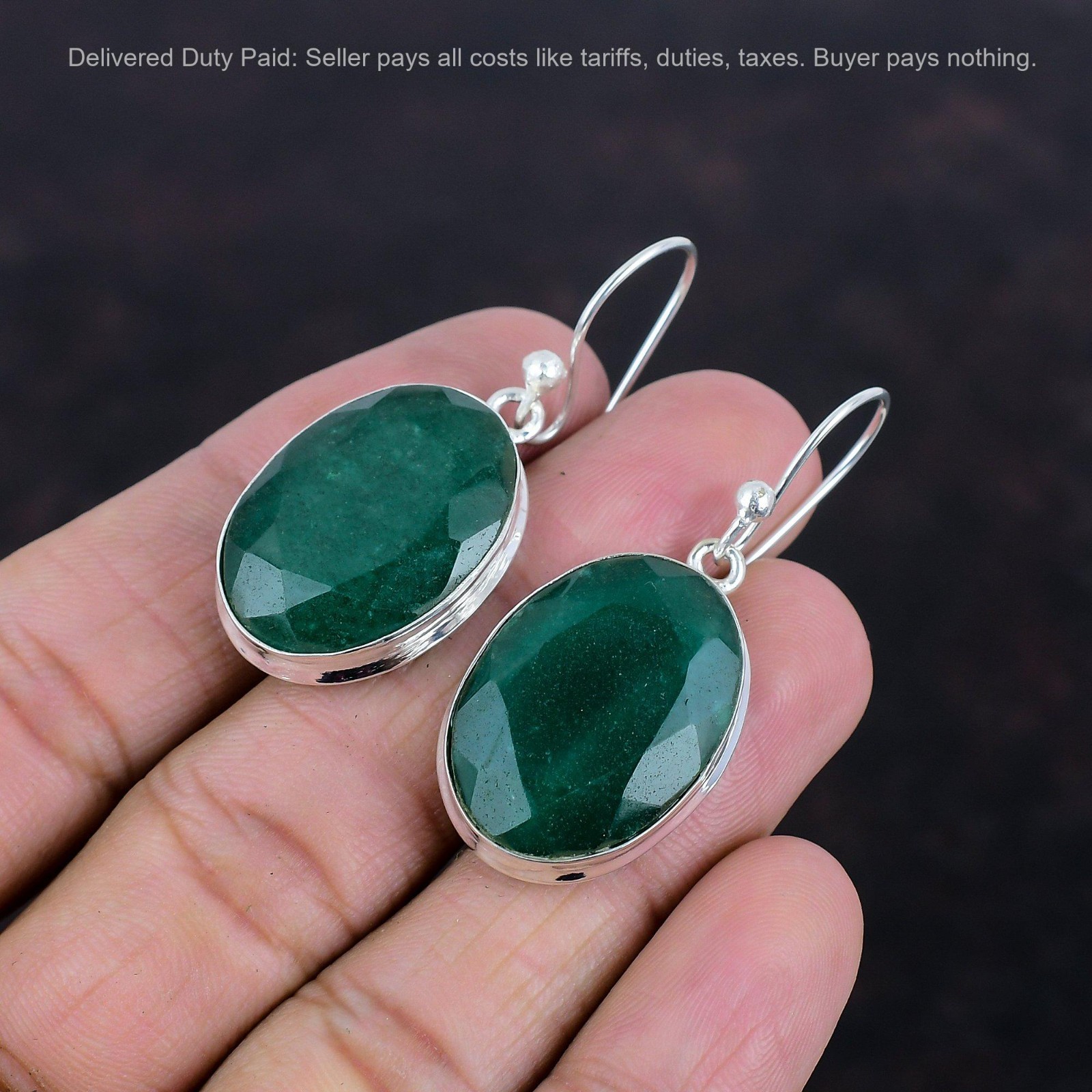 Black Friday Sale Sterling Silver Oval Zambian Emrald Stone Dangle Drop Earrings