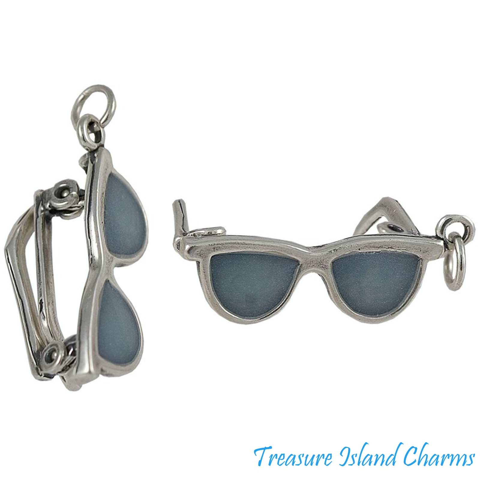 Blue Enamel Sunglasses Movable 3D 925 Solid Sterling Silver Charm Beach Sun