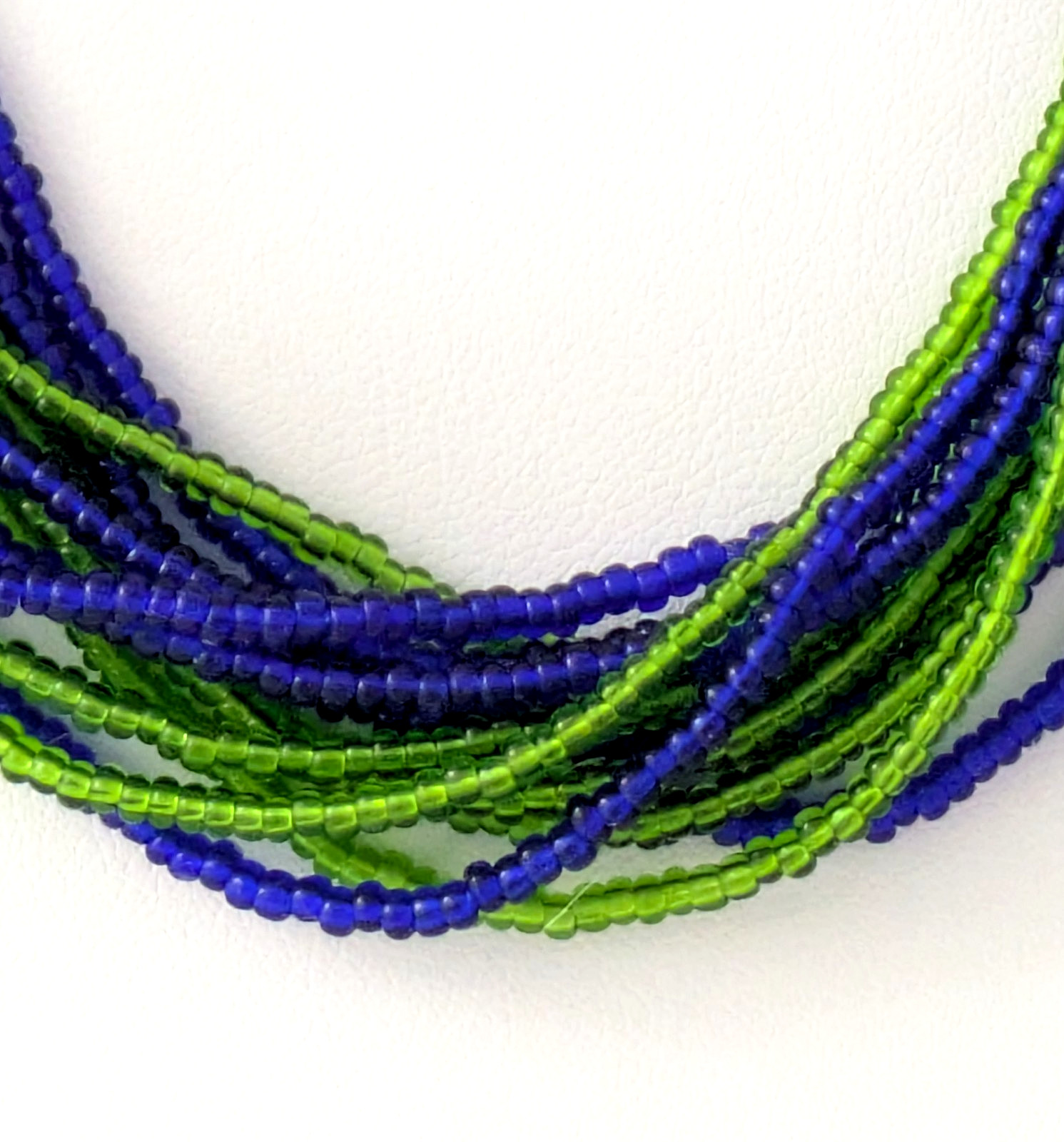 Multistrand Blue and Green Glass Seed Bead Necklace