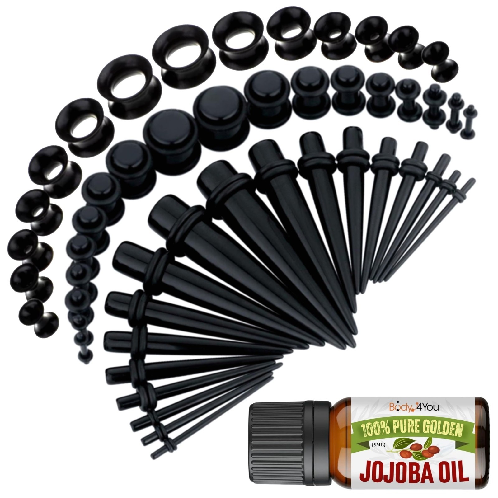54PC Ear Stretching Kit 14G-12mm – Jojoba Oil Aftercare, Acrylic Plugs, Silicone