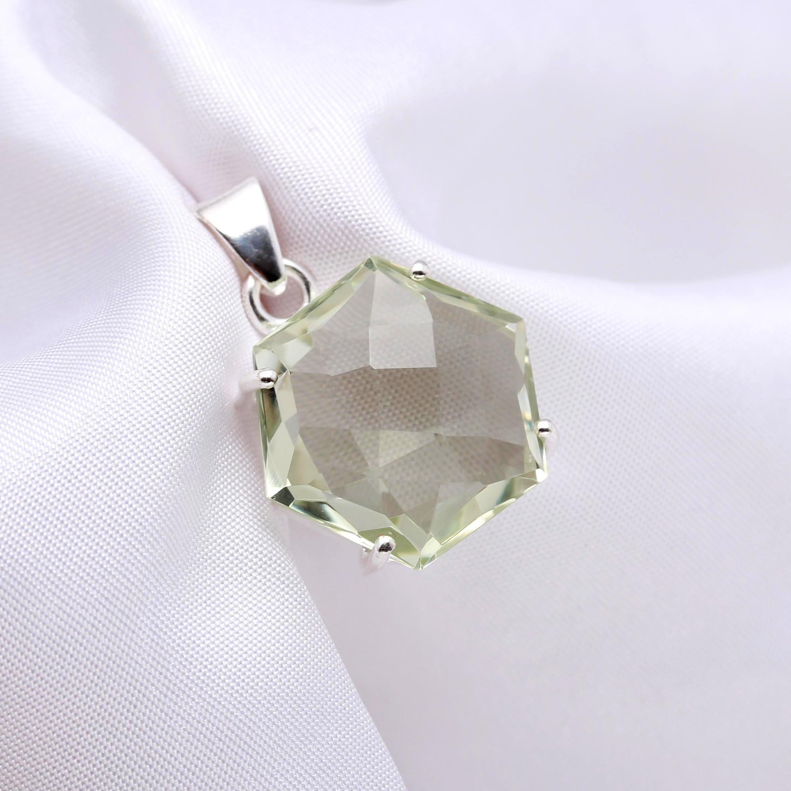 Natural Green Amethyst Hexagon Pendant 925 Sterling Silver Minimalist Jewelry