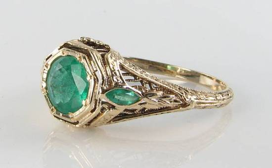 LARGE 9K 9CT GOLD COLOMBIAN EMERALD ART DECO INS FILIGREE RING FREE RESIZE