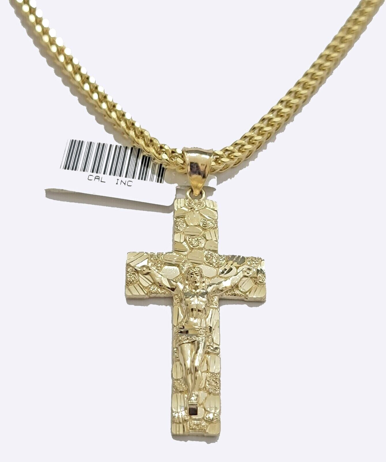 10k Yellow Gold Nugget Jesus Cross Charm Pendant 2” inches Real 10kt SALE Chain
