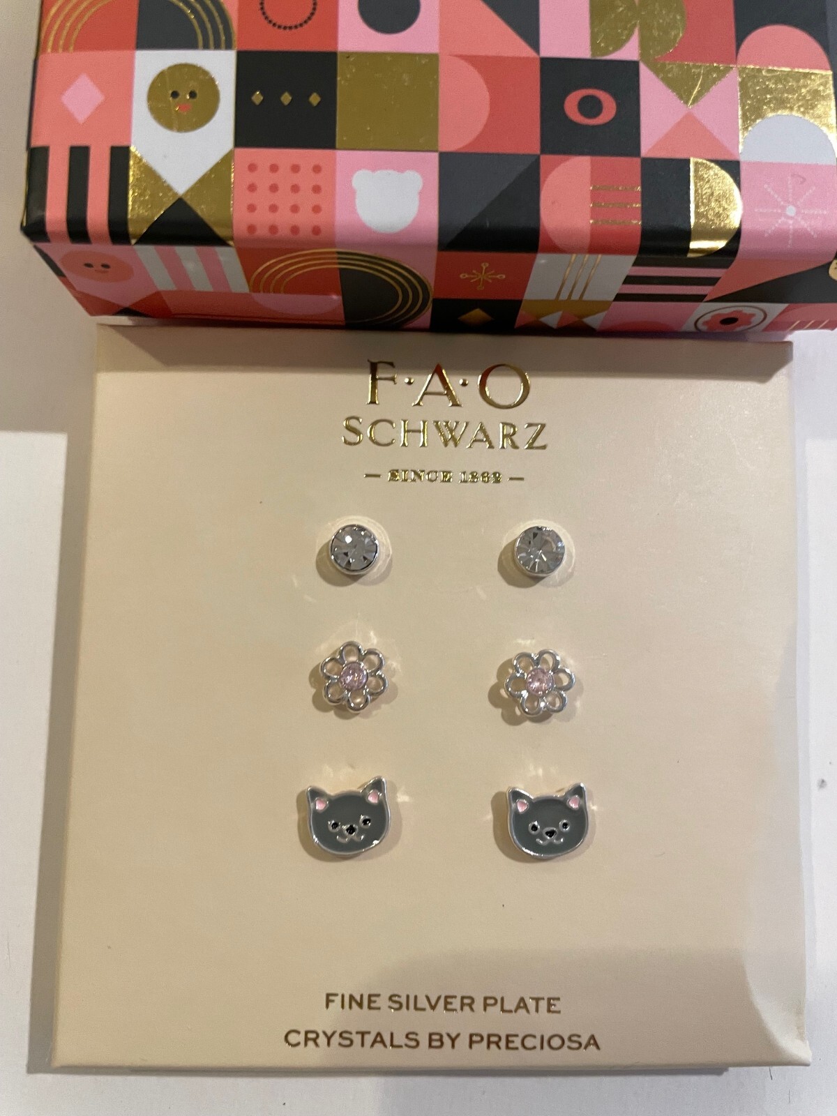 NWT FAO SCHWARZ EARRING SET Gift Beautiful 3 PAIR FINE SILVER PLATE cat /flower