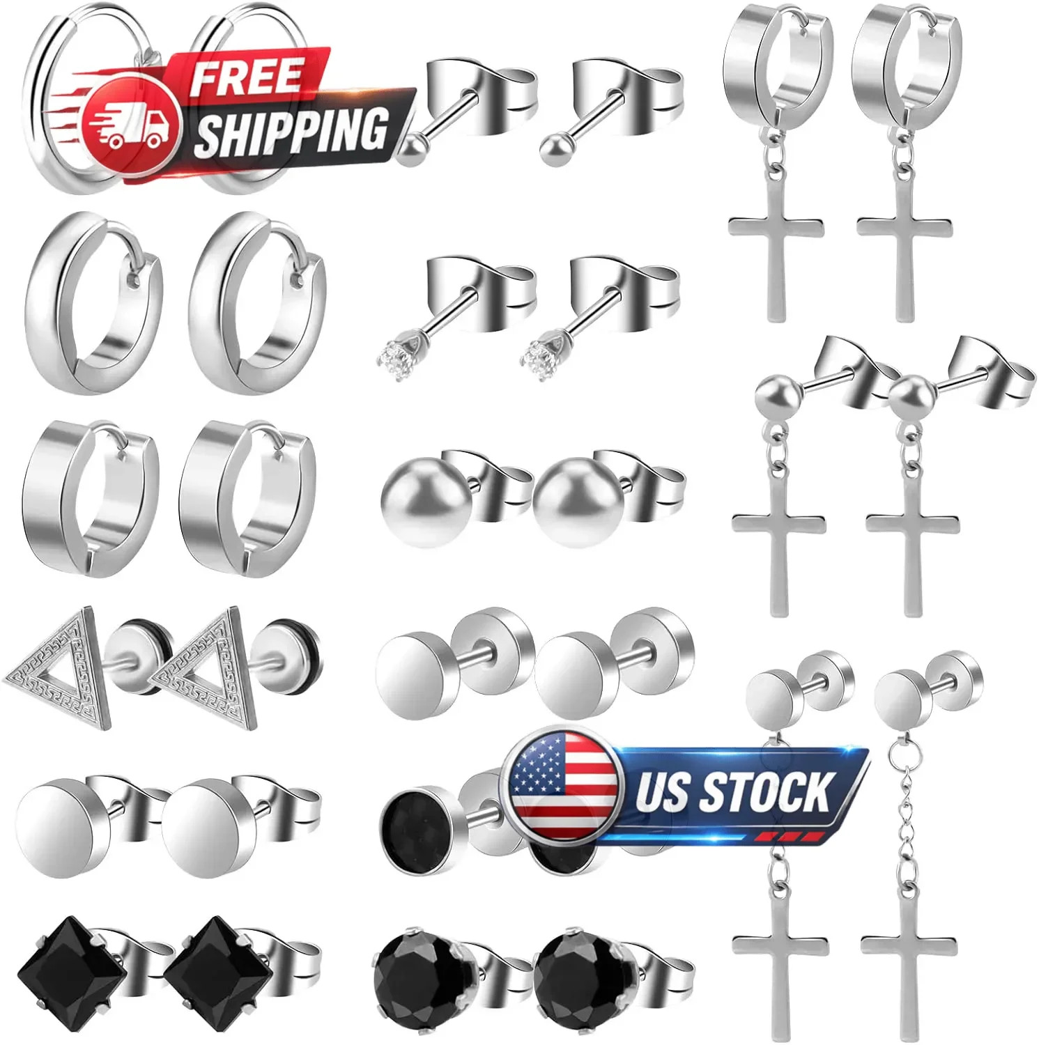 15 Pairs Earrings for Men, Stainless Steel Earrings Stud Kit for Men Women Fashi