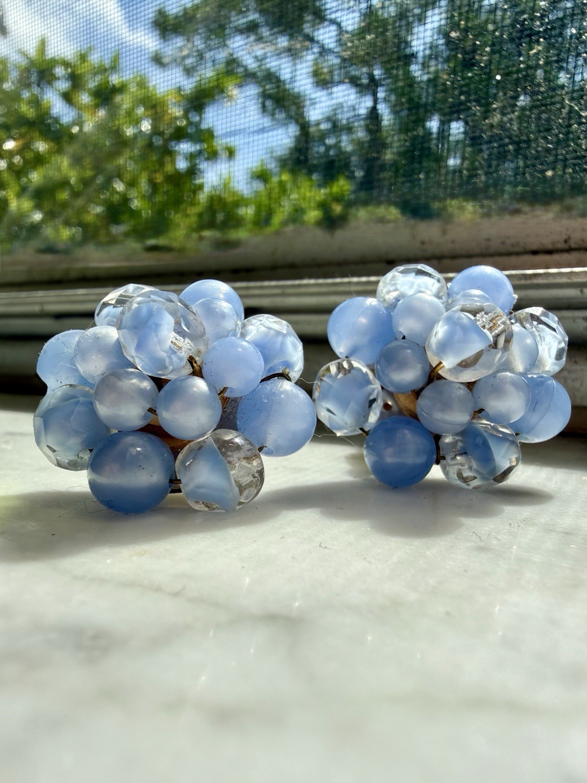 Vintage 1950s Western Germany Light Blue Glass Bead Cluster Clip On Earrings