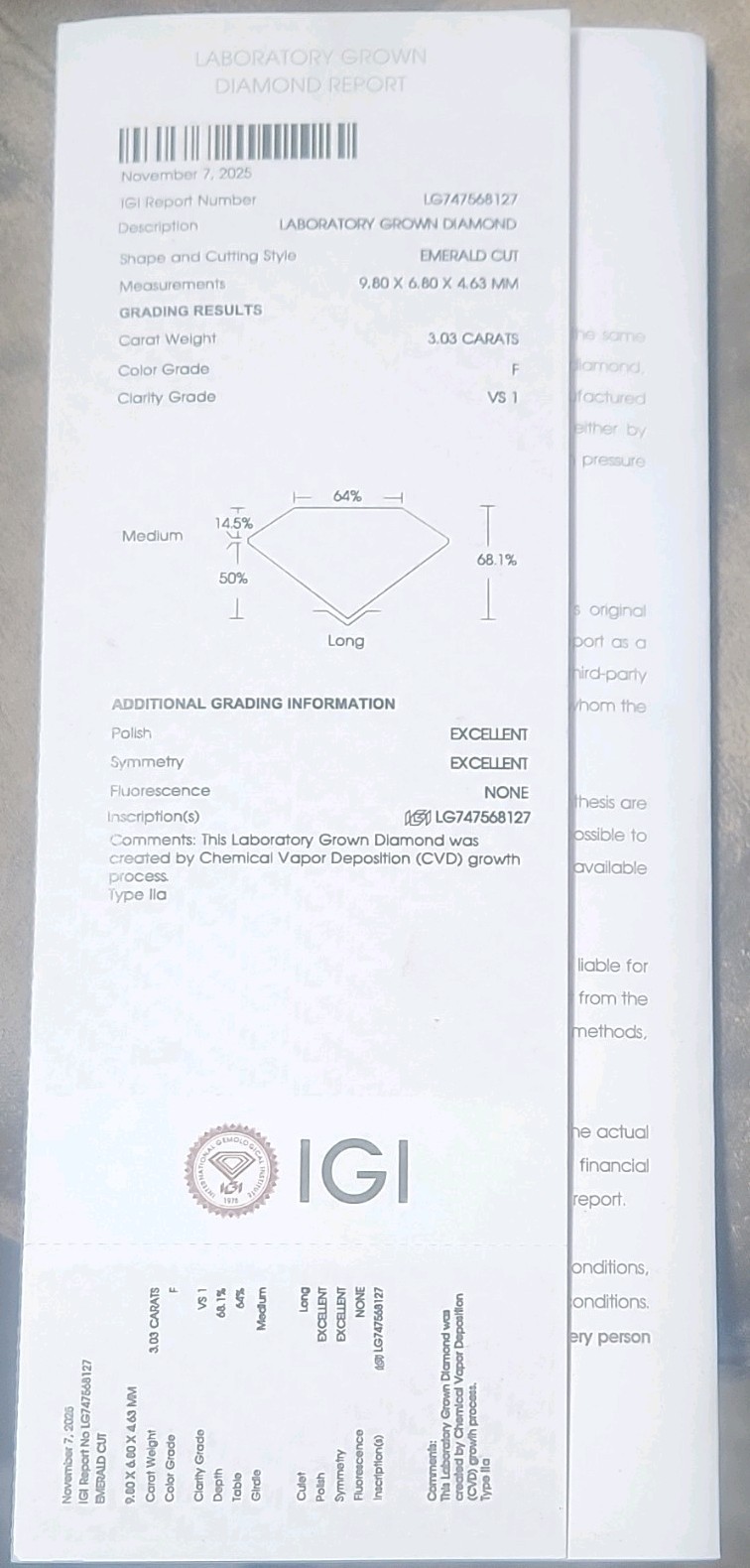 IGI Lab Grown Emerald Cut Diamond 3.03ct F VS1 Excellent 9.80×6.80mm