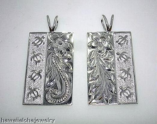17.5mm Solid Core 925 STER Silver Hawaiian Engraved Reversible Turtle Pendant #1