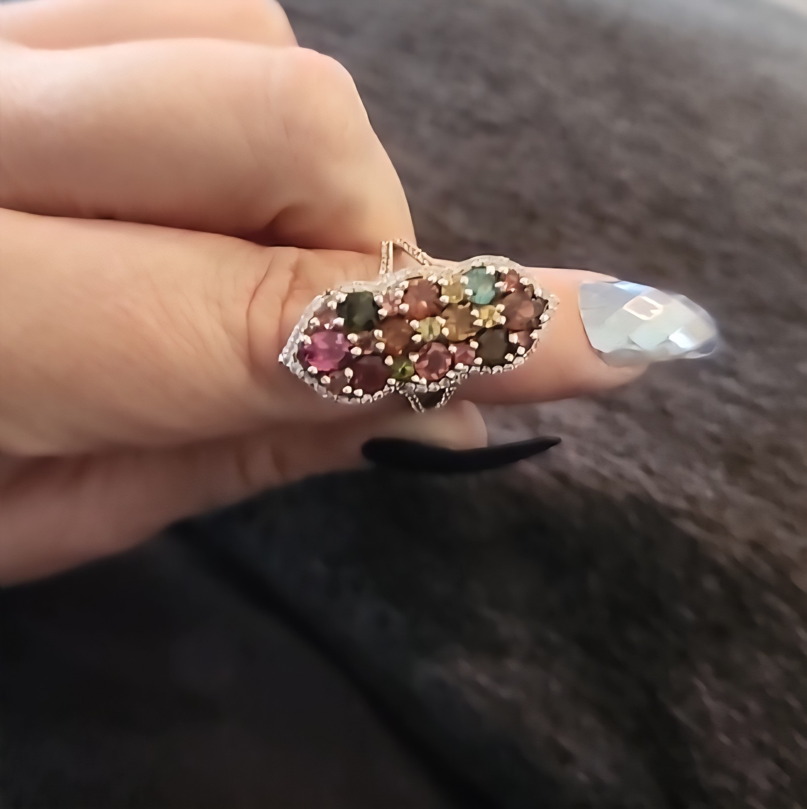 Natural 3 CM x 1.5 CM Multi Color Tourmaline Ring 925 Sterling Silver Size 7