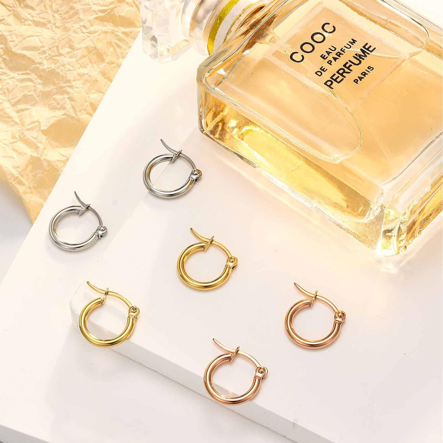 3 Pairs Stainless Steel Hoop Earrings Set for Women Mens Black Silver Gold Small