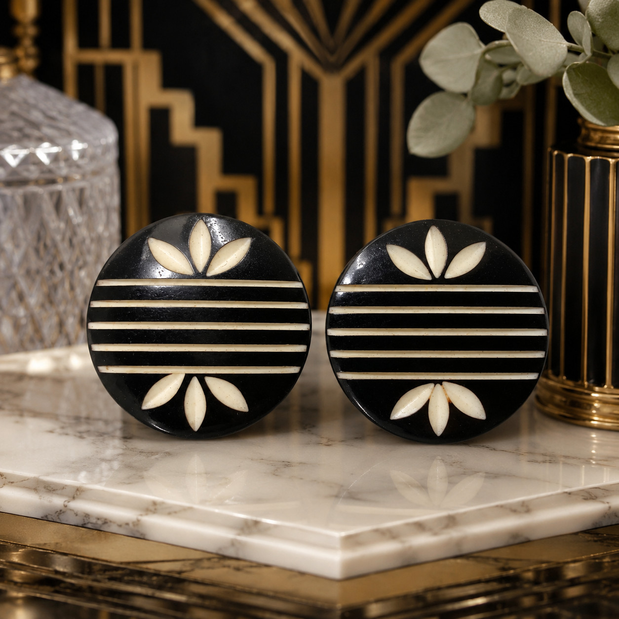 Vintage Black & Ivory Carved Button Earrings Pierced Round Art Deco Modernist