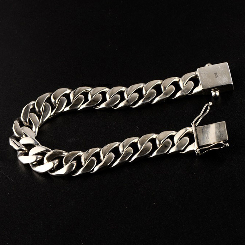 Real S925 Sterling Silver Chain Men 12mm Curb Cuban Link Bracelet 7.9-8.3inch