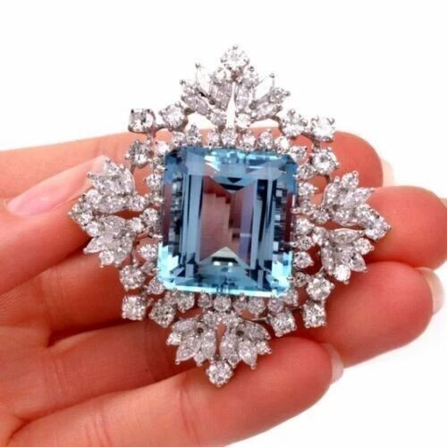 4CT Emerald Cut Lab Created Aquamarine Women’s Brooch Pin 14K White Gold Finish