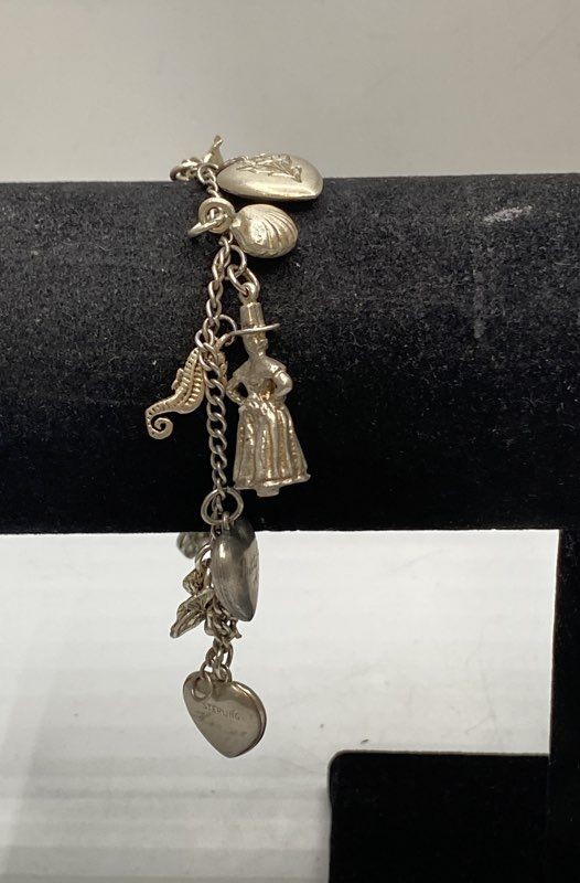 Vintage Sterling Silver 925 Charm Bracelet 12 Charms Heart Seahorse 7.38″ 22.4g