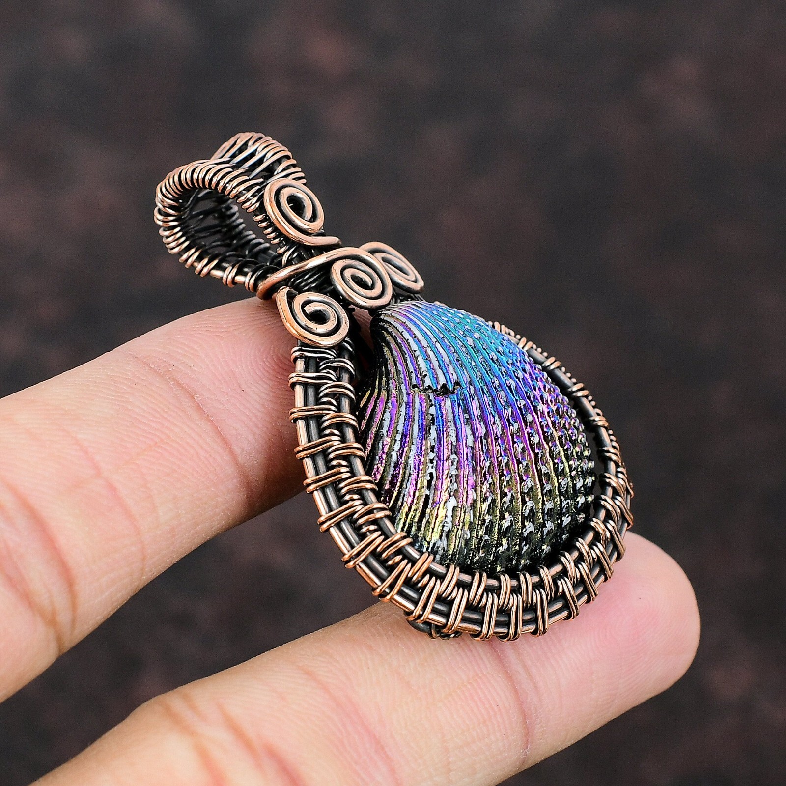 Gift For Women Jewelry Wire Wrapped Pendant Copper Titanium Coated Shell 2.13″