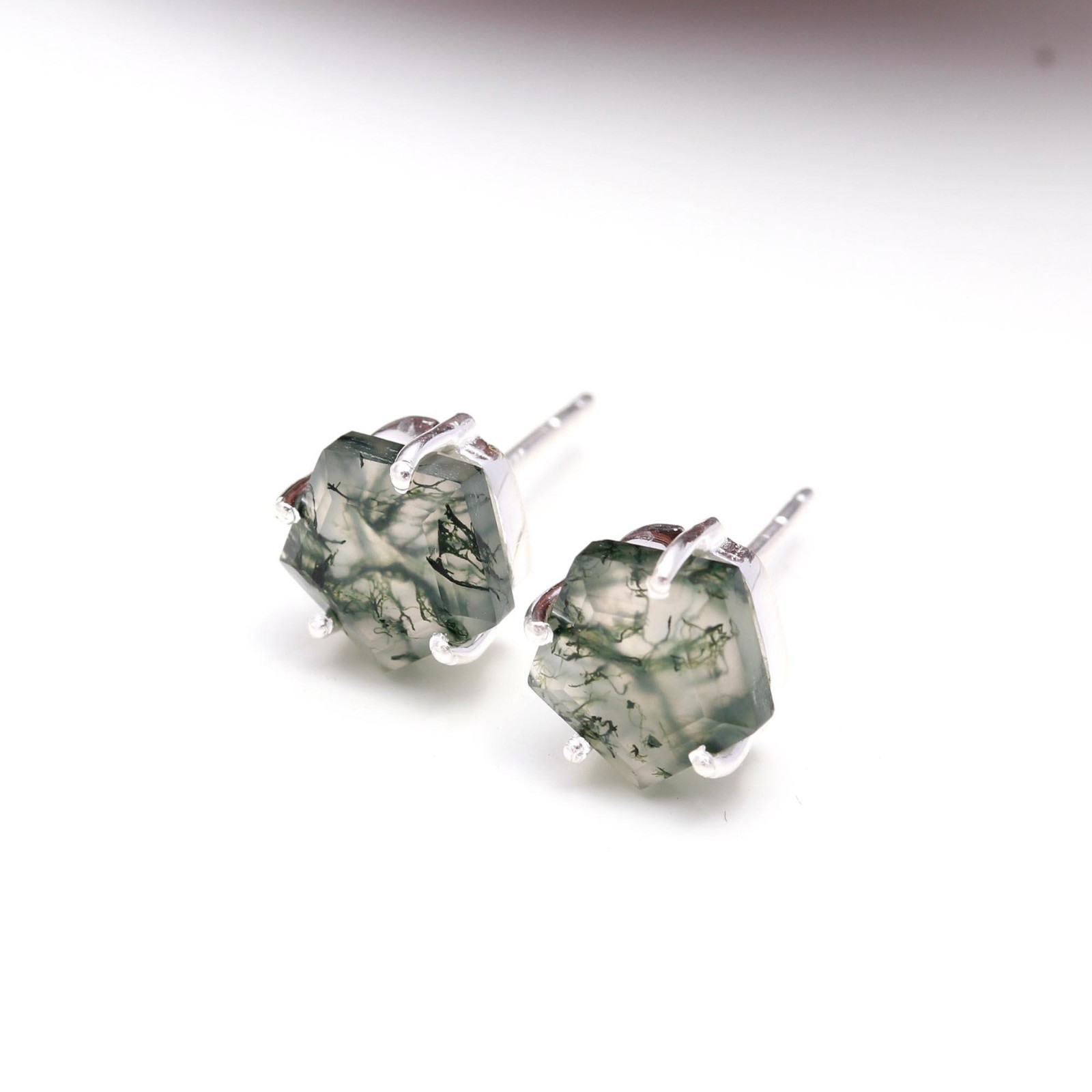 Natural Moss Agate Pentagon Stud Earrings 925 Sterling Silver Minimalist Jewelry