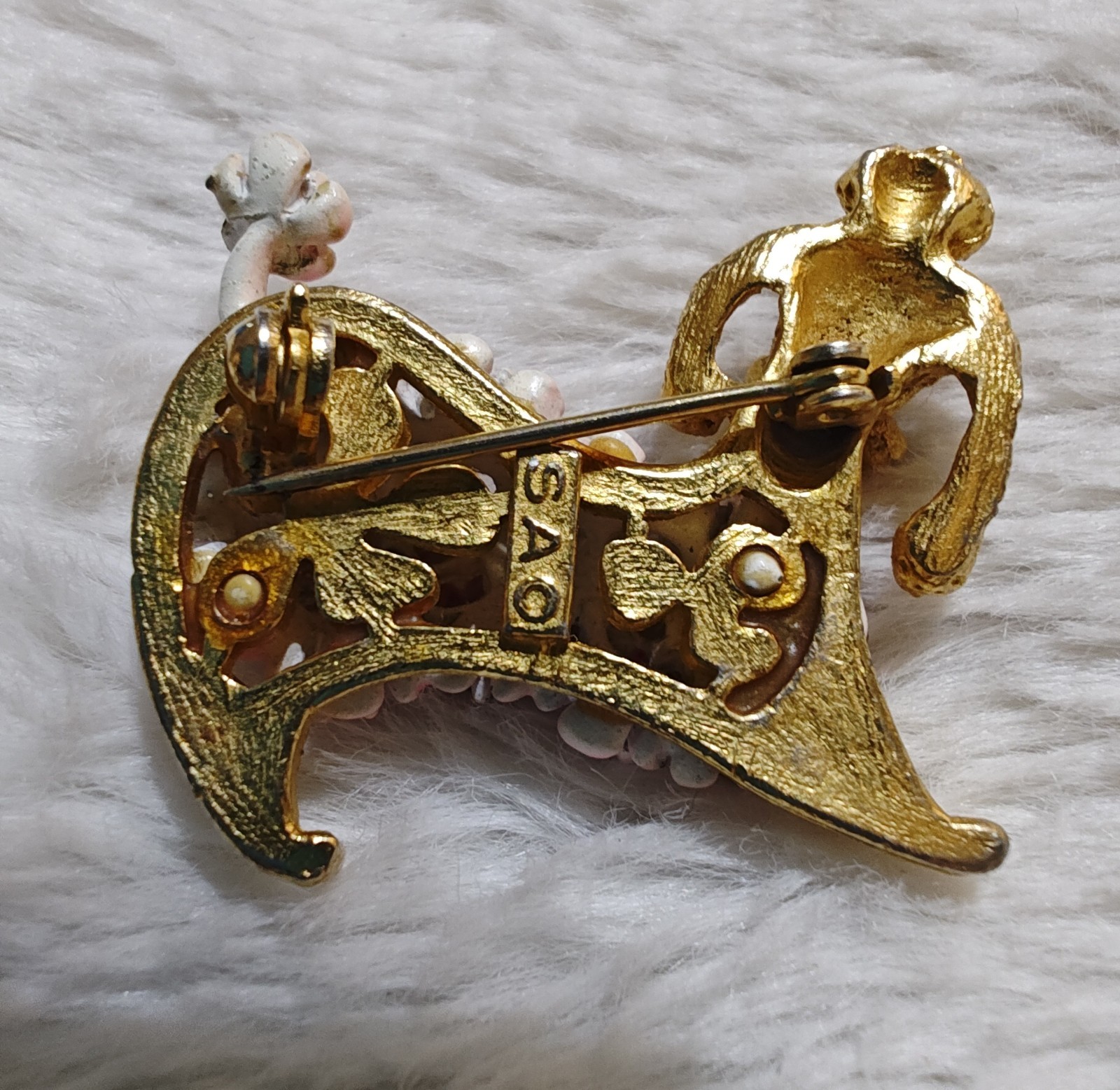 Signed Poodle Dog Brooch Pin Gold Tone Pink White Rhinestone Enamel 1.5 in
