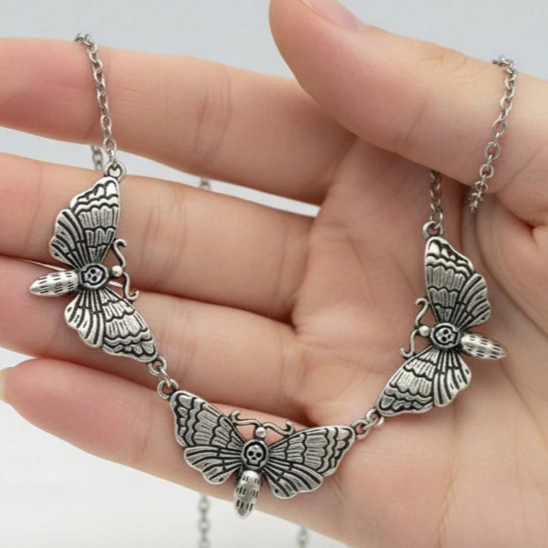 Punk Style Gold Metal Vintage Skeleton Moth Pendant Necklace Unisex Everyday