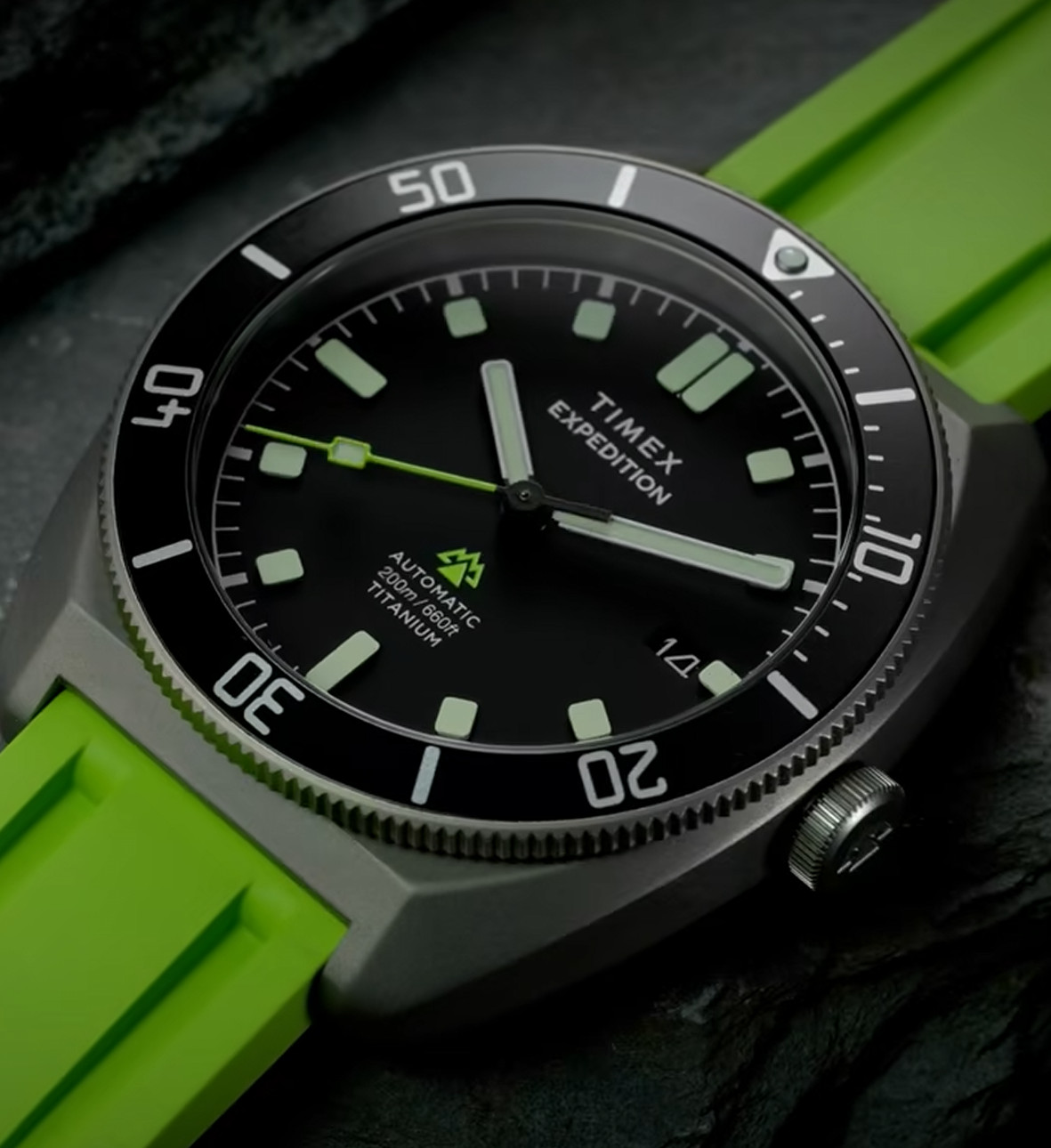 TIMEX Expedition® Pioneer Titanium Automatic 41mm HNBR Lime Green Rubber Strap