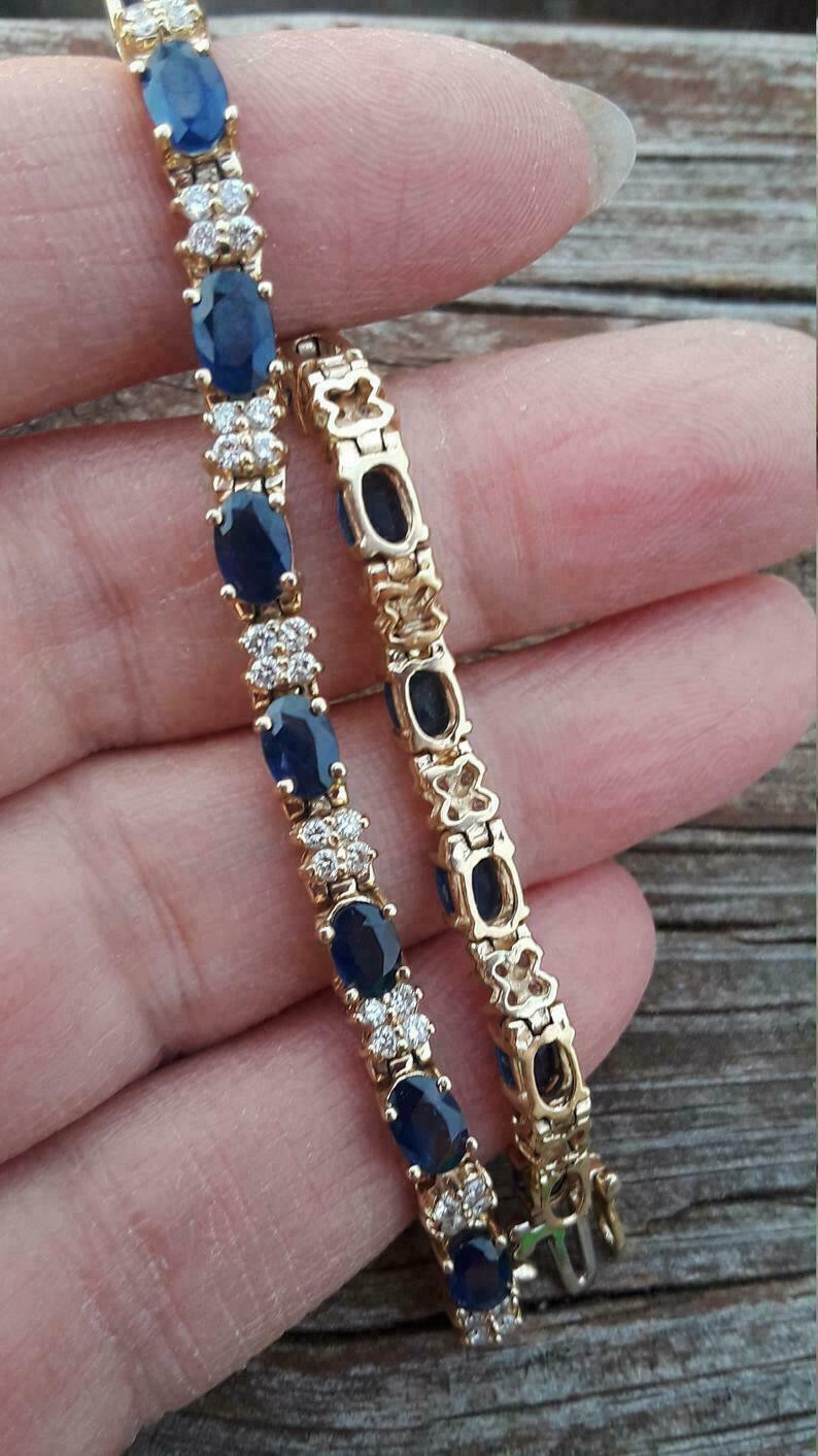 18Ct Oval Cut Sapphire & Diamond Women’s Tennis Bracelet In 14K Yellow Gold Ove