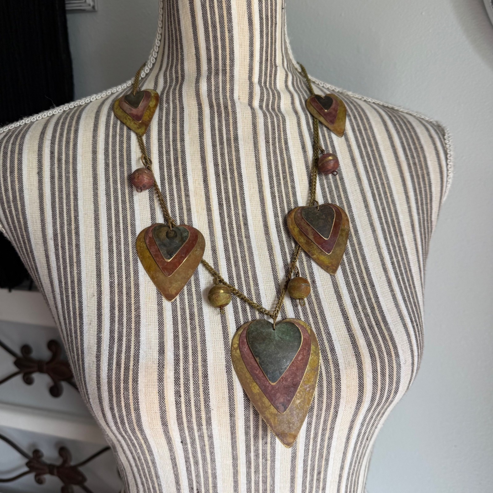 Vtg Bohemian Mixed Metal Heart Necklace Layered Copper Alloy Hearts & Beads