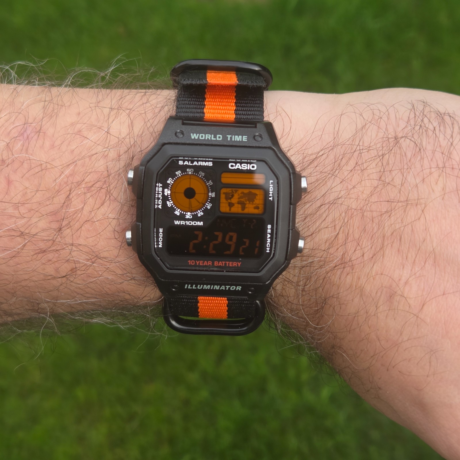 CASIO AE-1200WHD. Royale World Time Watch Mod. Orange Digits Negative. Hydromod.