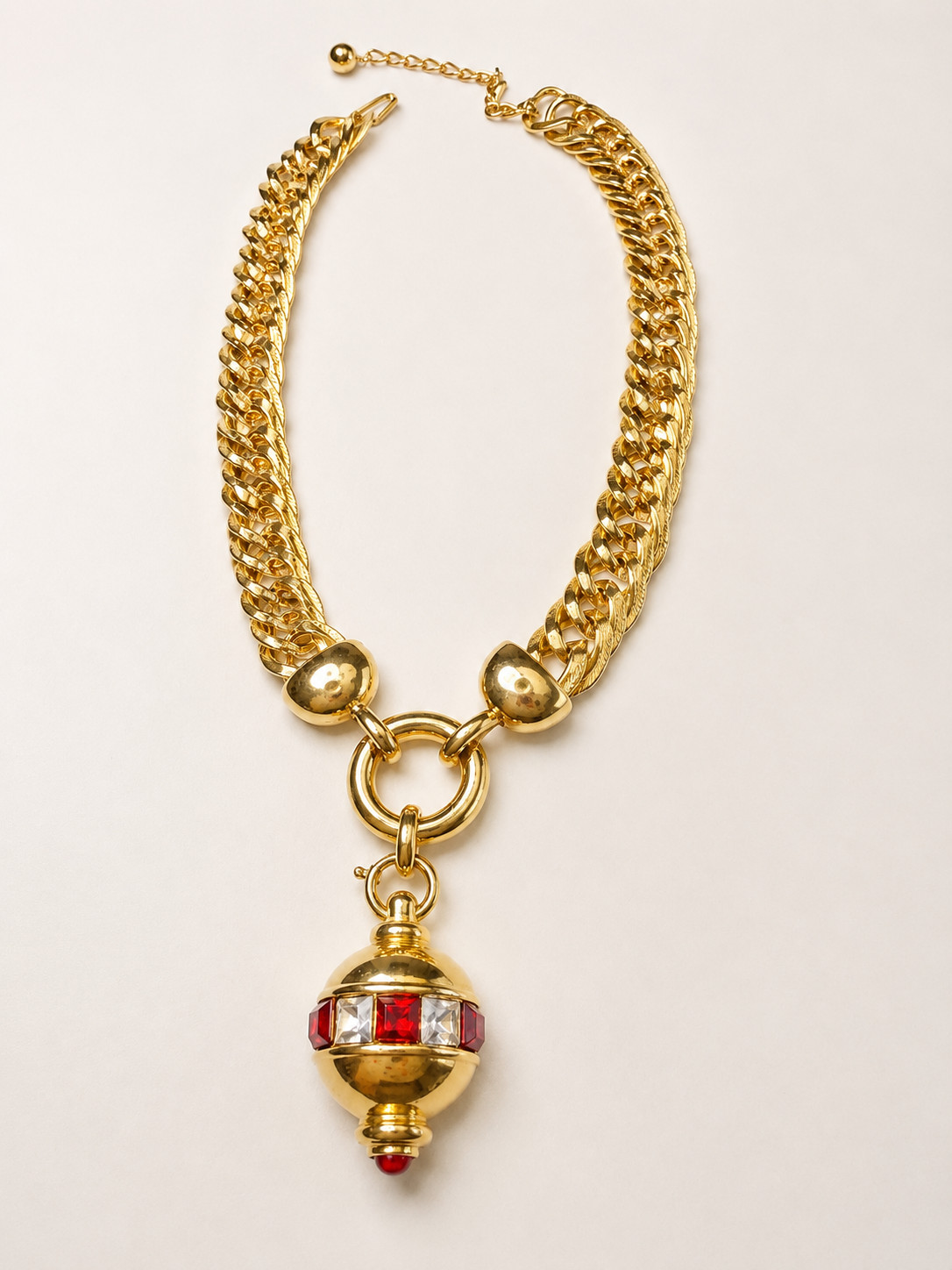Vintage Gold Tone Chunky Chain Necklace Red Crystal Orb Pendant Statement